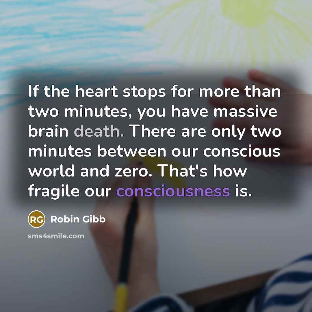 “If the heart stops for more than two minutes, you have massive brain death. There are only two minutes between our conscious world and zero. That's how fragile our consciousness is.” quote by Robin Gibb