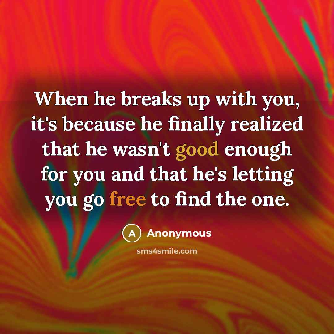 “When he breaks up with you, it's because he finally realized that he wasn't good enough for you and that he's letting you go free to find the one.” quote by Anonymous