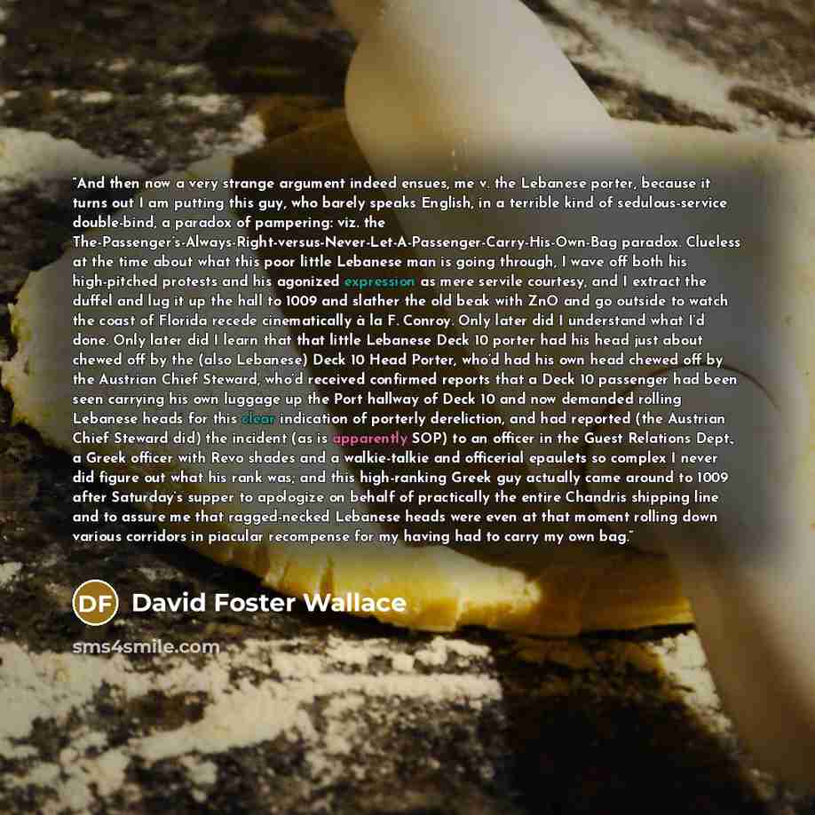“And then now a very strange argument indeed ensues, me v. the Lebanese porter, because it turns out I am putting this guy, who barely speaks English, in a terrible kind of sedulous-service double-bind, a paradox of pampering: viz. the…” quote by David Foster Wallace
