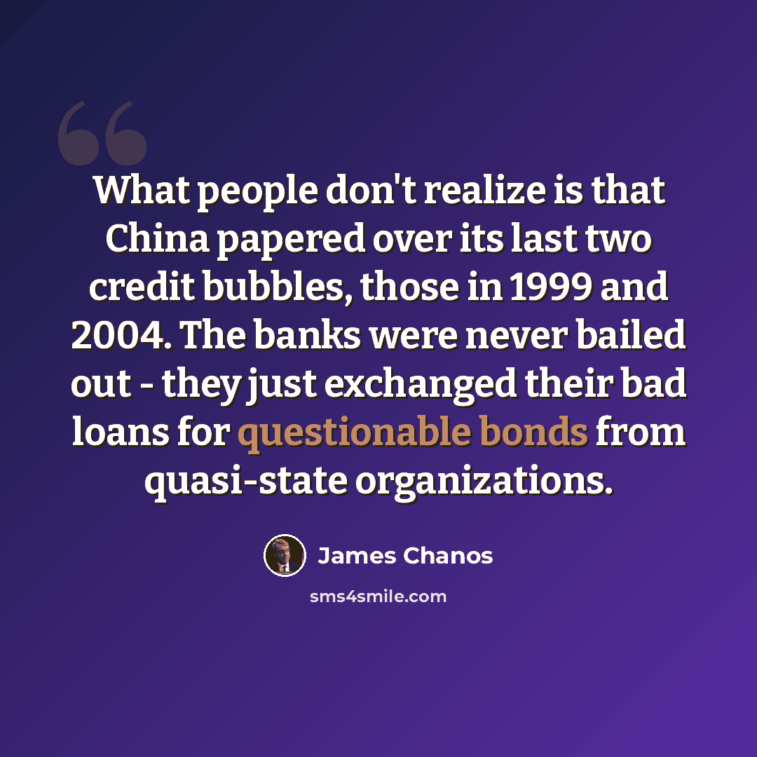 “What people don't realize is that China papered over its last two credit bubbles, those in 1999 and 2004. The banks were never bailed out - they just exchanged their bad loans for questionable bonds from quasi-state organizations.” quote by James Chanos