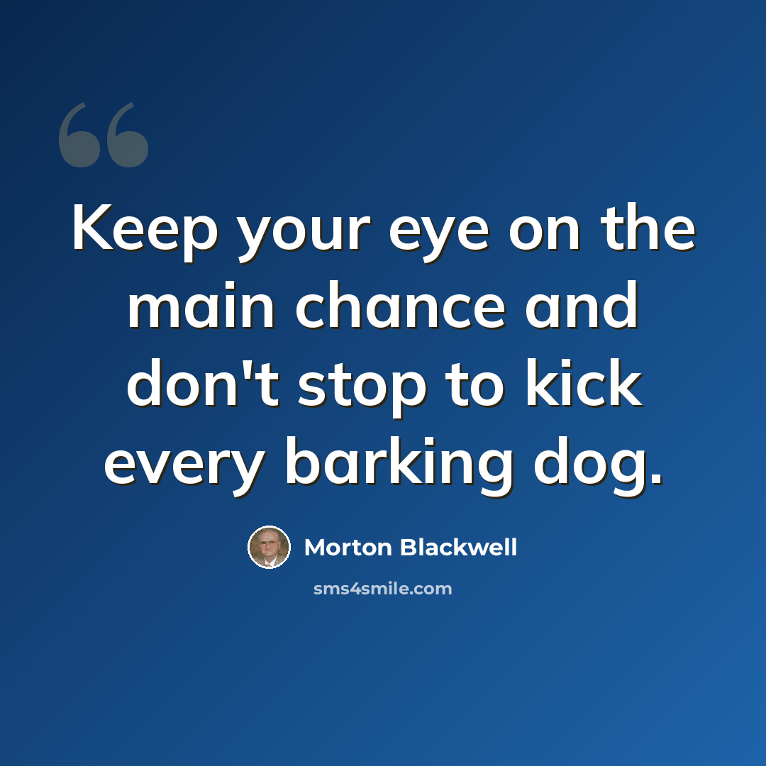 “Keep your eye on the main chance and don't stop to kick every barking dog.” quote by Morton Blackwell