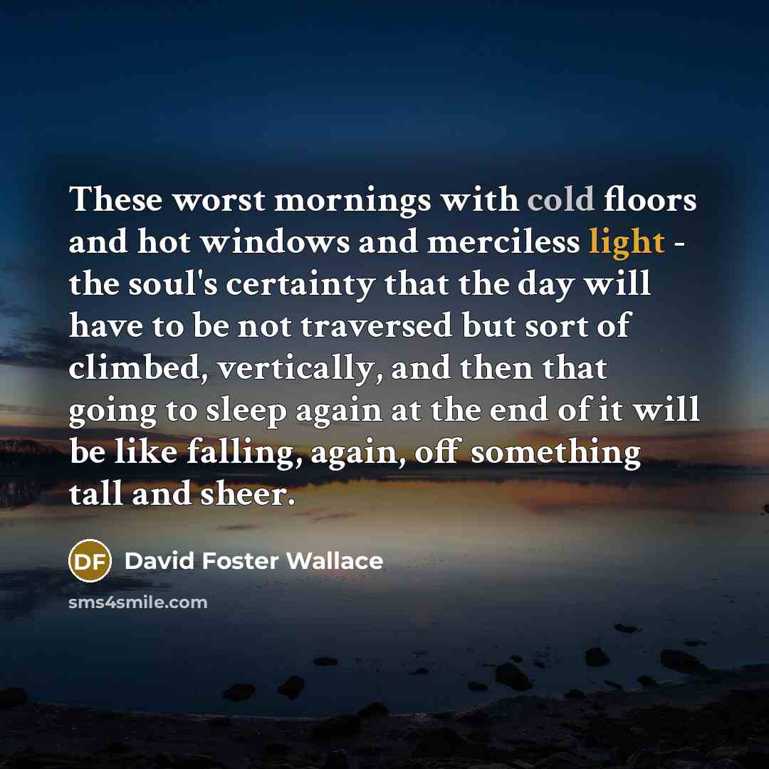 “These worst mornings with cold floors and hot windows and merciless light - the soul's certainty that the day will have to be not traversed but sort of climbed, vertically, and then that going to sleep again at the end of it will be like falling, again, off something tall and sheer.” quote by David Foster Wallace