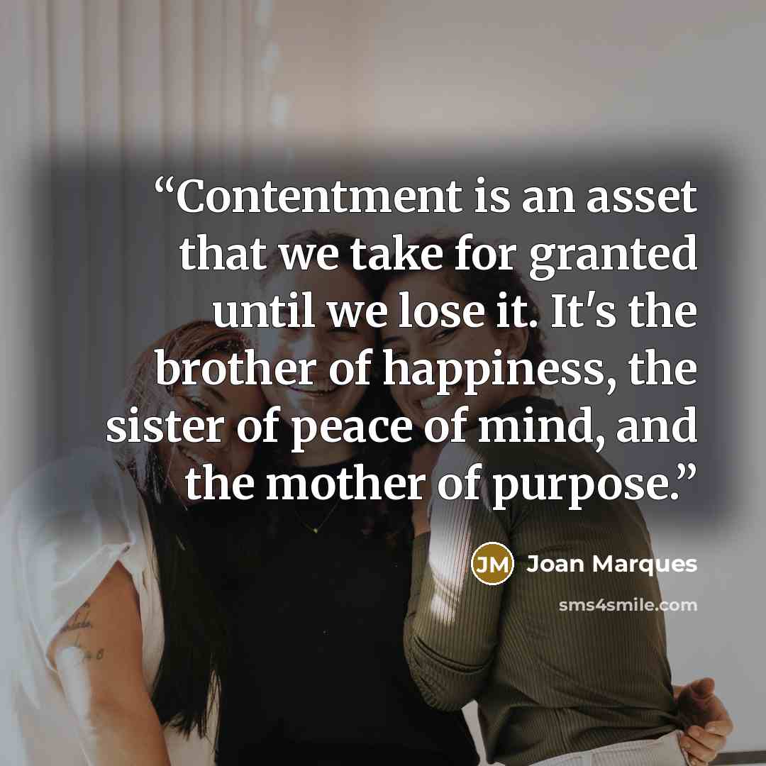 “Contentment is an asset that we take for granted until we lose it. It's the brother of happiness, the sister of peace of mind, and the mother of purpose.” quote by Joan Marques