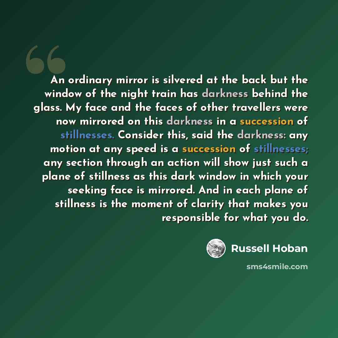 “An ordinary mirror is silvered at the back but the window of the night train has darkness behind the glass. My face and the faces of other travellers were now mirrored on this darkness in a succession of stillnesses. Consider this, said the darkness: any motion at any speed is a succession of…” quote by Russell Hoban