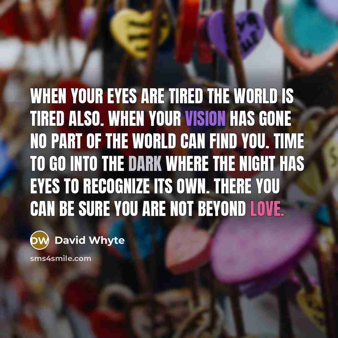 “When your eyes are tired the world is tired also. When your vision has gone no part of the world can find you. Time to go into the dark where the night has eyes to recognize its own. There you can be sure you are not beyond love.” quote by David Whyte