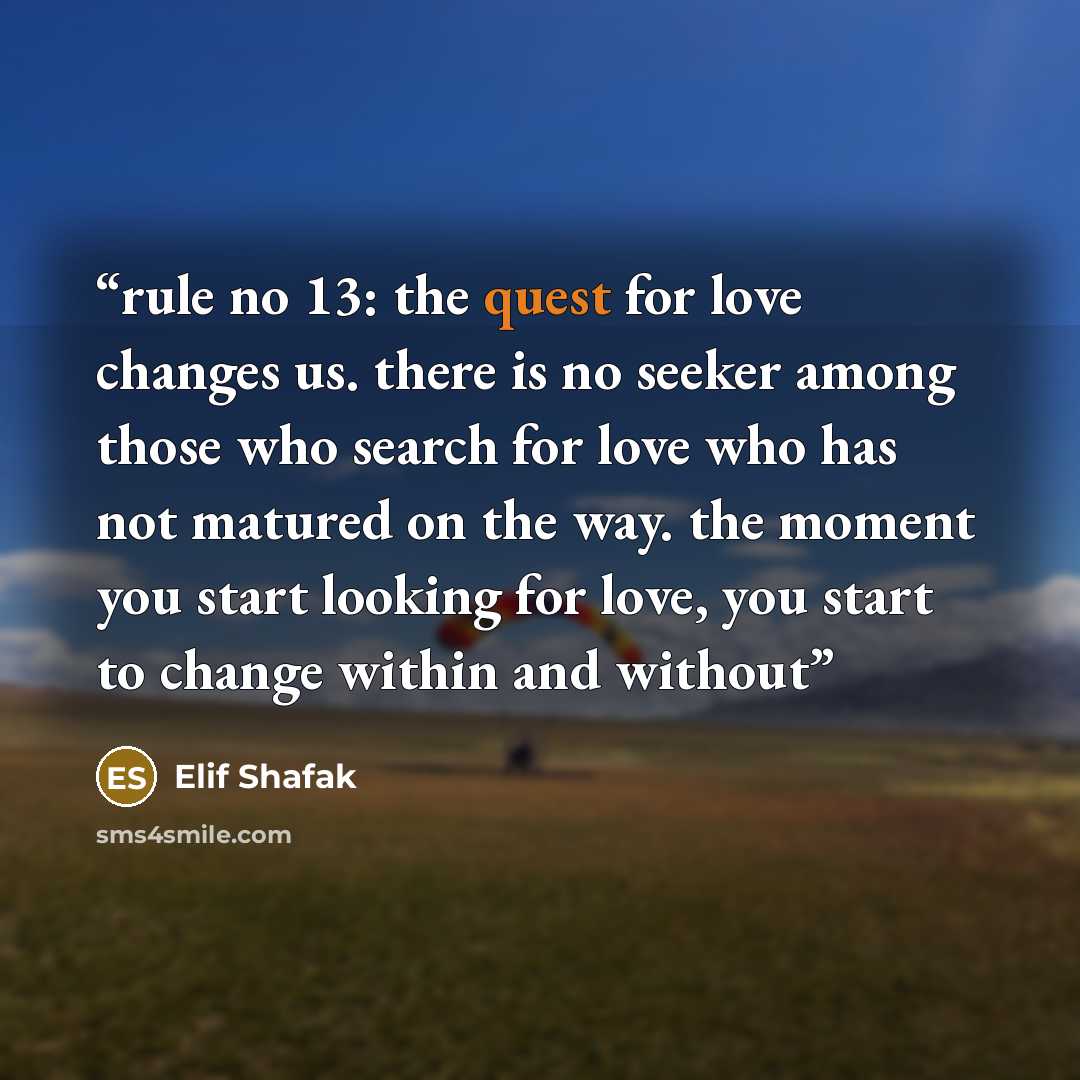 “rule no 13: the quest for love changes us. there is no seeker among those who search for love who has not matured on the way. the moment you start looking for love, you start to change within and without” quote by Elif Shafak