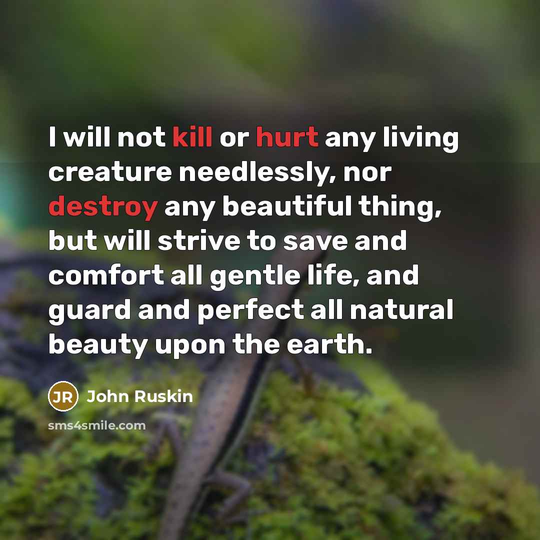 “I will not kill or hurt any living creature needlessly, nor destroy any beautiful thing, but will strive to save and comfort all gentle life, and guard and perfect all natural beauty upon the earth.” quote by John Ruskin