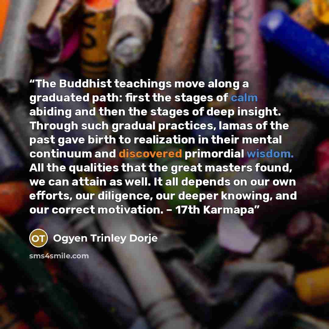 “The Buddhist teachings move along a graduated path: first the stages of calm abiding and then the stages of deep insight. Through such gradual practices, lamas of the past gave birth to realization in their mental continuum and discovered primordial wisdom. All the qualities that the great masters…” quote by Ogyen Trinley Dorje