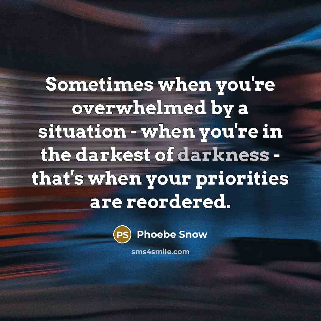 “Sometimes when you're overwhelmed by a situation - when you're in the darkest of darkness - that's when your priorities are reordered.” quote by Phoebe Snow