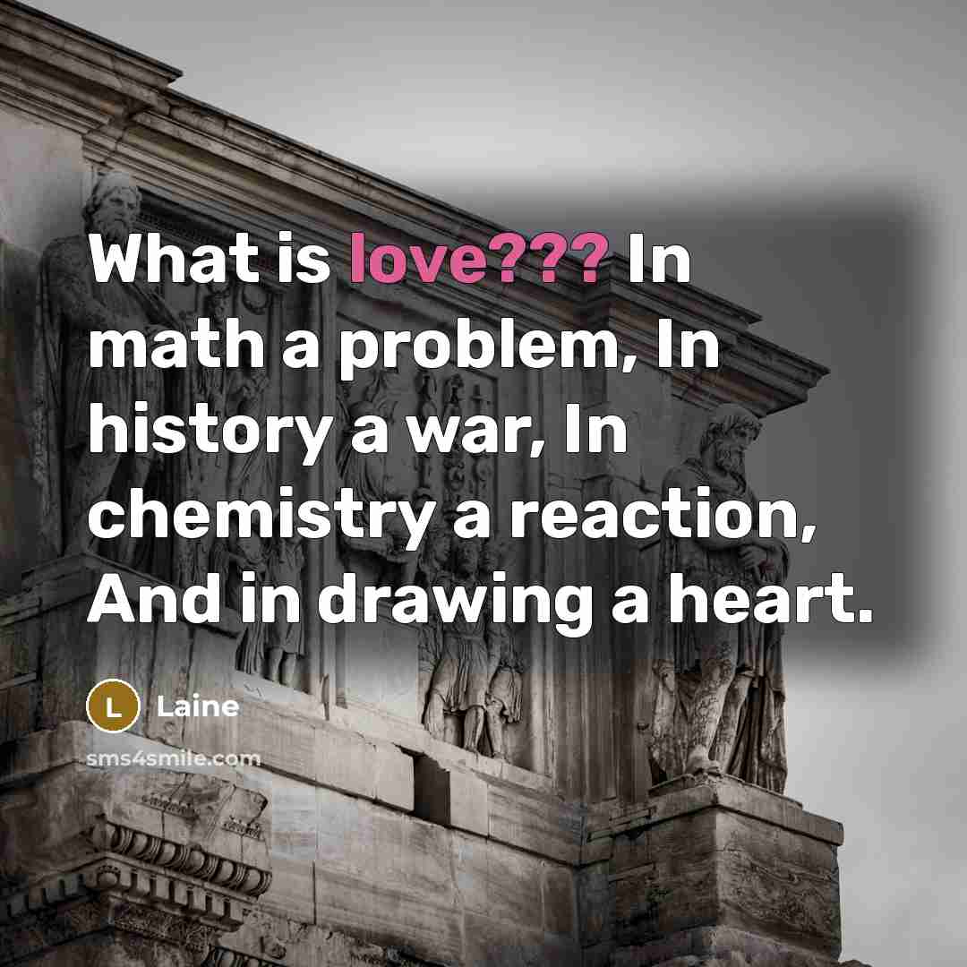 “What is love??? In math a problem, In history a war, In chemistry a reaction, And in drawing a heart.” quote by Laine