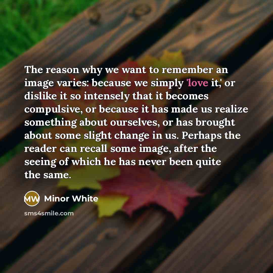 “The reason why we want to remember an image varies: because we simply 'love it,' or dislike it so intensely that it becomes compulsive, or because it has made us realize something about ourselves, or has brought about some slight change in us. Perhaps the reader can recall some image, after the…” quote by Minor White