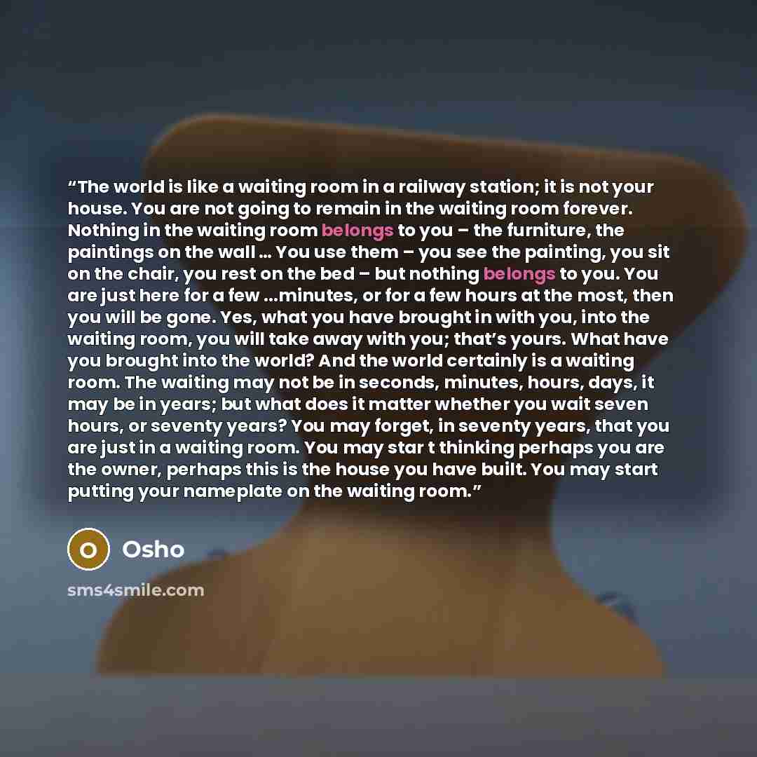 “The world is like a waiting room in a railway station; it is not your house. You are not going to remain in the waiting room forever. Nothing in the waiting room belongs to you – the furniture, the paintings on the wall … You use them – you see the painting, you sit on the chair, you rest on the…” quote by Osho
