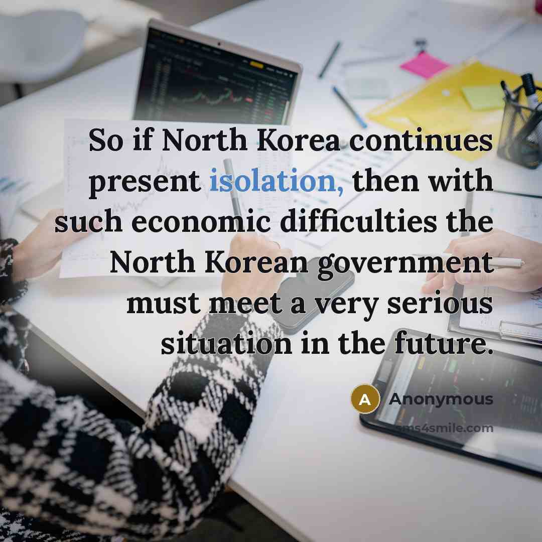 “So if North Korea continues present isolation, then with such economic difficulties the North Korean government must meet a very serious situation in the future.” quote by Anonymous