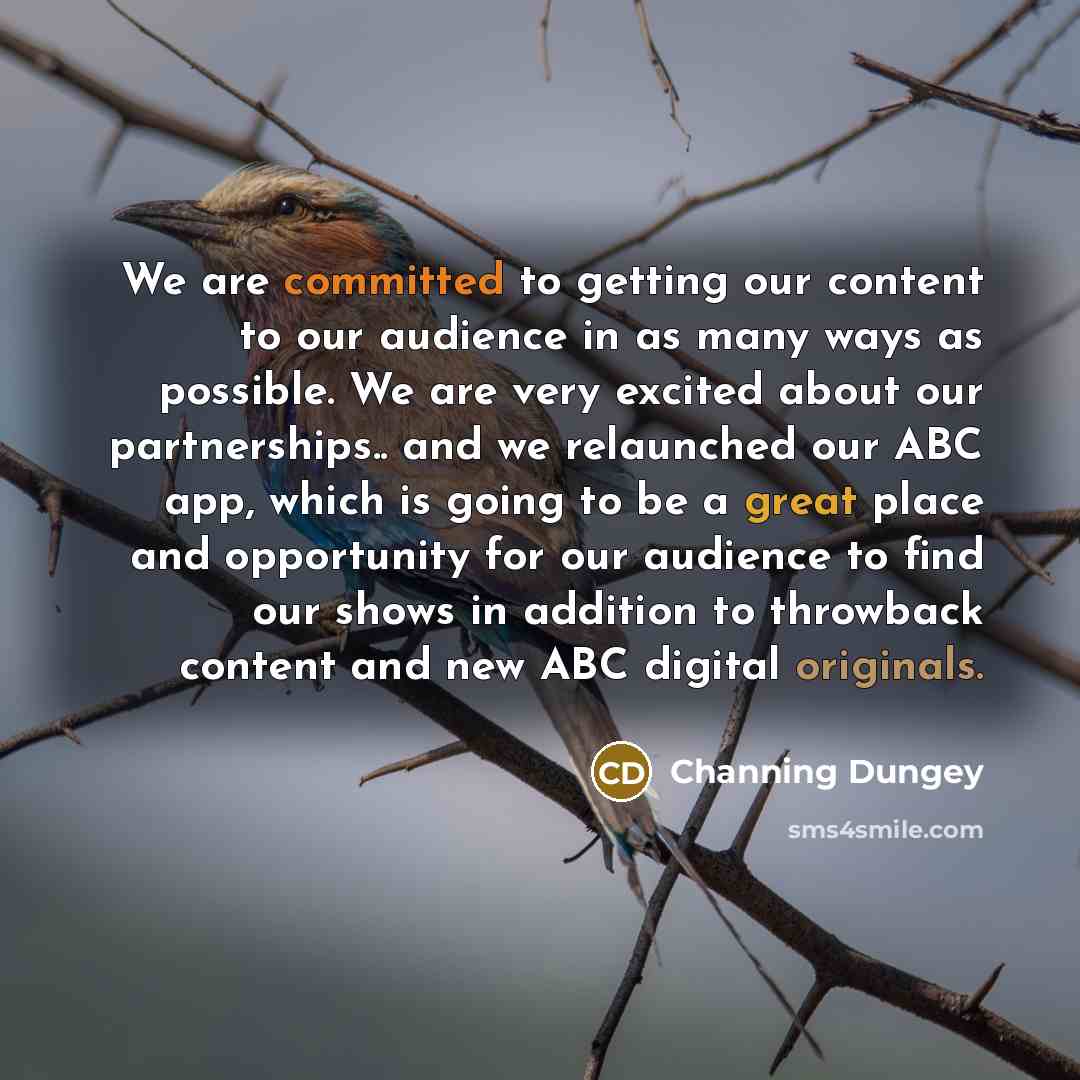 “We are committed to getting our content to our audience in as many ways as possible. We are very excited about our partnerships.. and we relaunched our ABC app, which is going to be a great place and opportunity for our audience to find our shows in addition to throwback content and new ABC…” quote by Channing Dungey