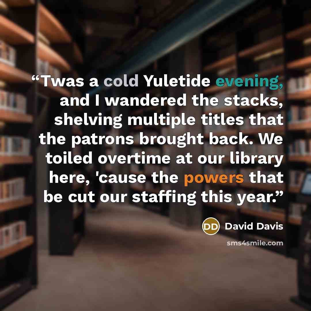 “Twas a cold Yuletide evening, and I wandered the stacks, shelving multiple titles that the patrons brought back. We toiled overtime at our library here, 'cause the powers that be cut our staffing this year.” quote by David Davis