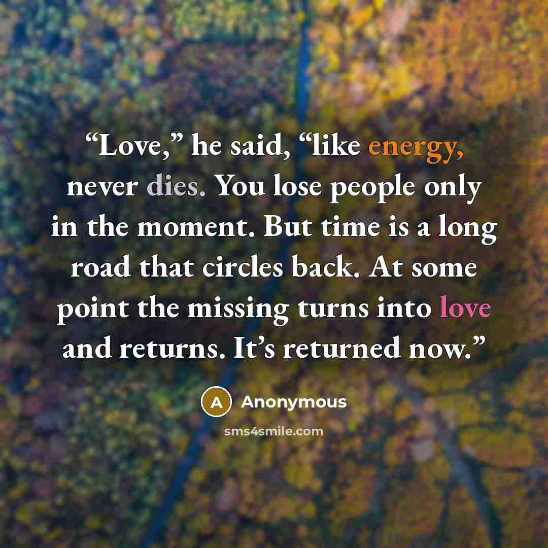 “Love,” he said, “like energy, never dies. You lose people only in the moment. But time is a long road that circles back. At some point the missing turns into love and returns. It’s returned now.” quote by Anonymous
