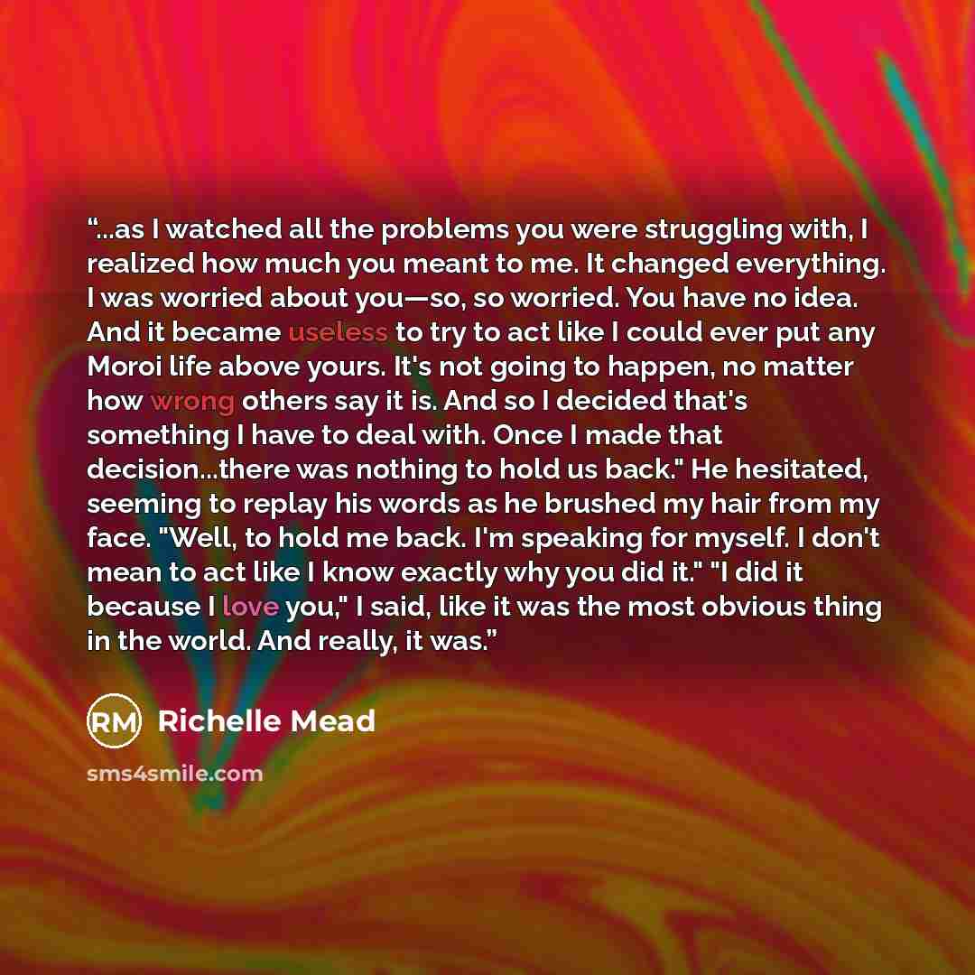 “...as I watched all the problems you were struggling with, I realized how much you meant to me. It changed everything. I was worried about you—so, so worried. You have no idea. And it became useless to try to act like I could ever put any Moroi life above yours. It's not going to happen, no matter…” quote by Richelle Mead