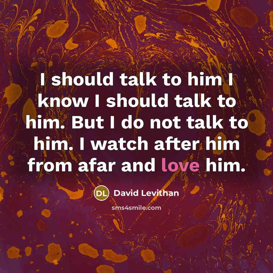 “I should talk to him I know I should talk to him. But I do not talk to him. I watch after him from afar and love him.” quote by David Levithan
