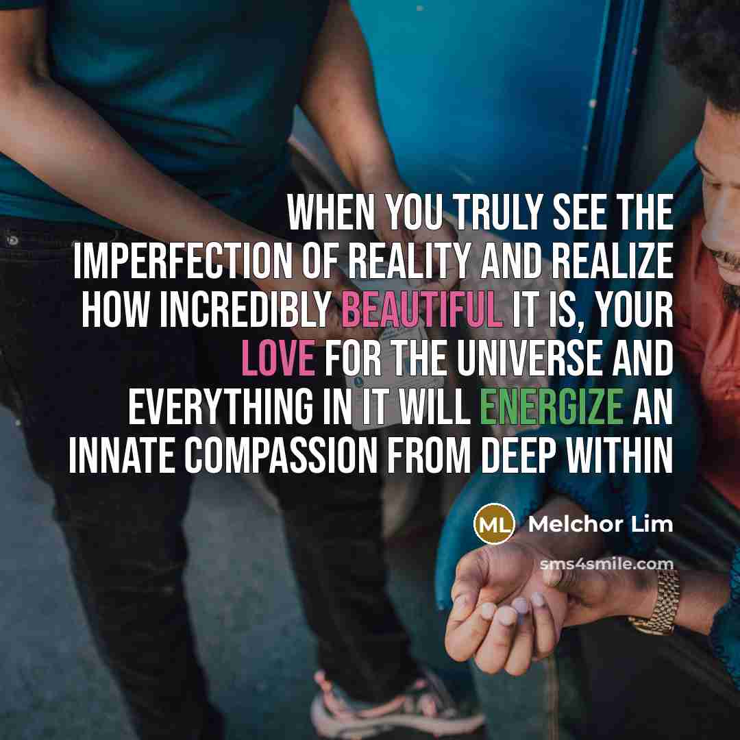 “When you truly see the imperfection of reality and realize how incredibly beautiful it is, your love for the universe and everything in it will energize an innate compassion from deep within” quote by Melchor Lim