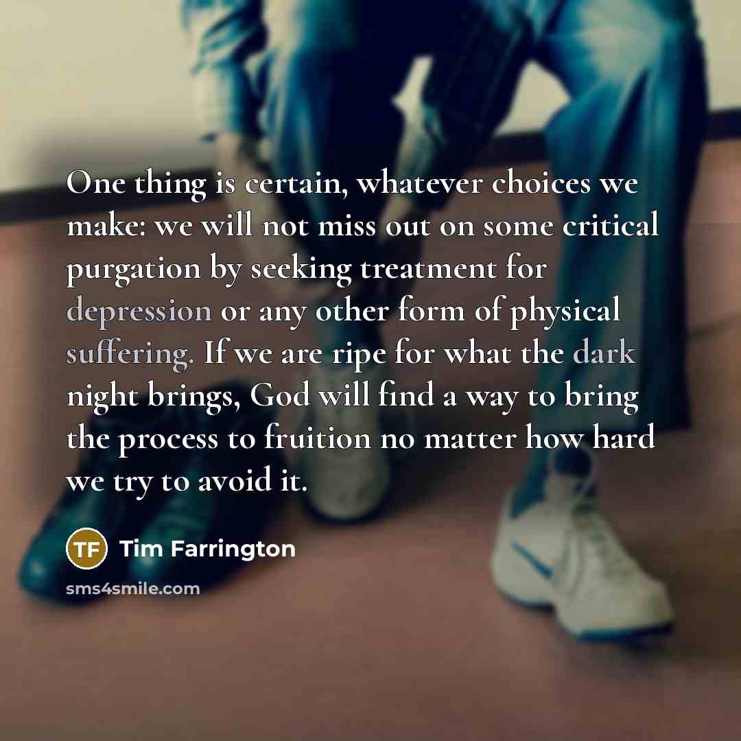 “One thing is certain, whatever choices we make: we will not miss out on some critical purgation by seeking treatment for depression or any other form of physical suffering. If we are ripe for what the dark night brings, God will find a way to bring the process to fruition no matter how hard we try…” quote by Tim Farrington
