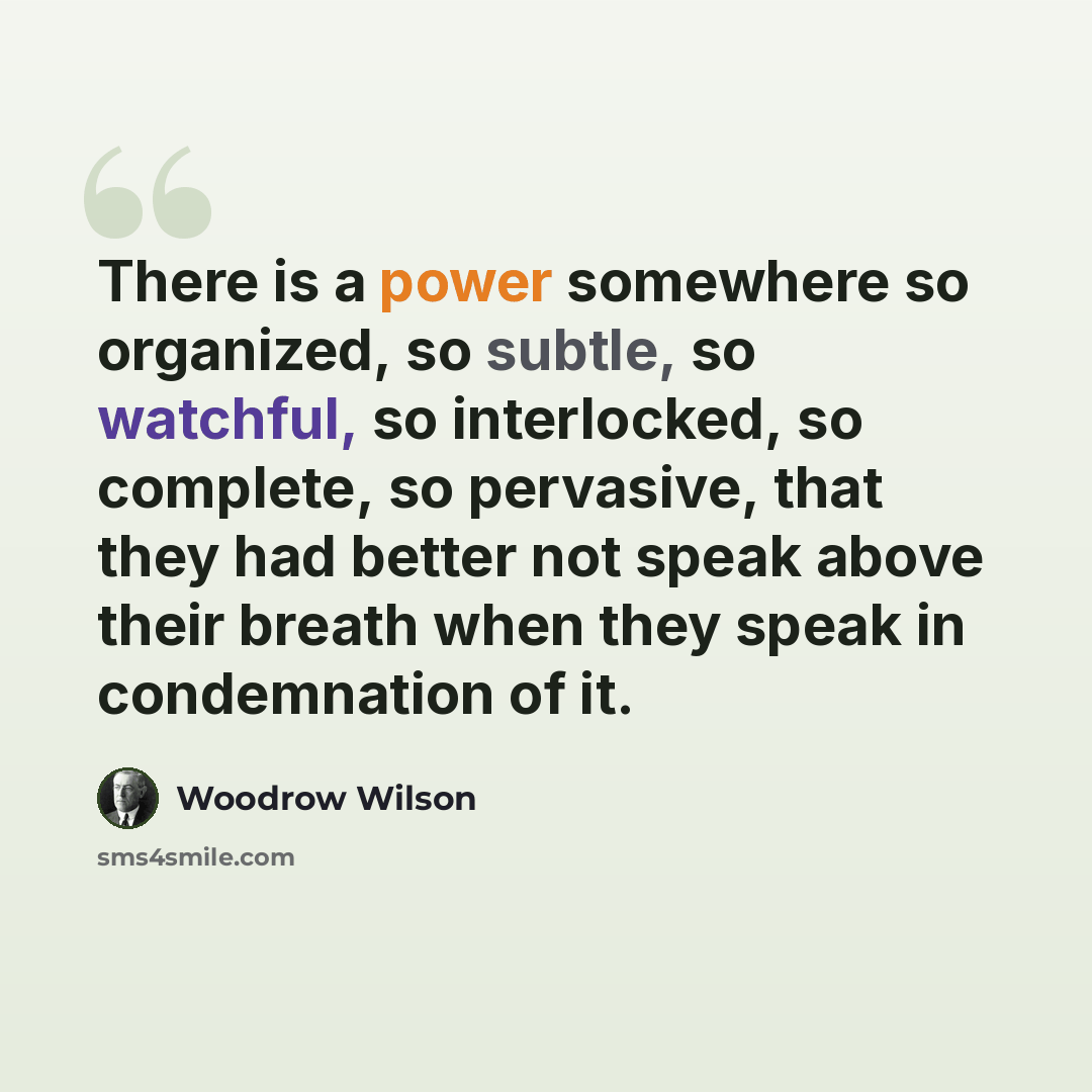 “There is a power somewhere so organized, so subtle, so watchful, so interlocked, so complete, so pervasive, that they had better not speak above their breath when they speak in condemnation of it.” quote by Woodrow Wilson