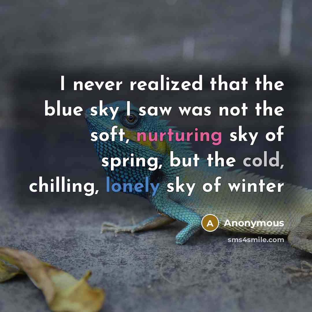 “I never realized that the blue sky I saw was not the soft, nurturing sky of spring, but the cold, chilling, lonely sky of winter” quote by Anonymous