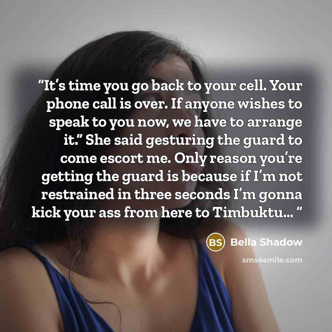 “It’s time you go back to your cell. Your phone call is over. If anyone wishes to speak to you now, we have to arrange it.” She said gesturing the guard to come escort me. Only reason you’re getting the guard is because if I’m not restrained in three seconds I’m gonna kick your ass from here to…” quote by Bella Shadow