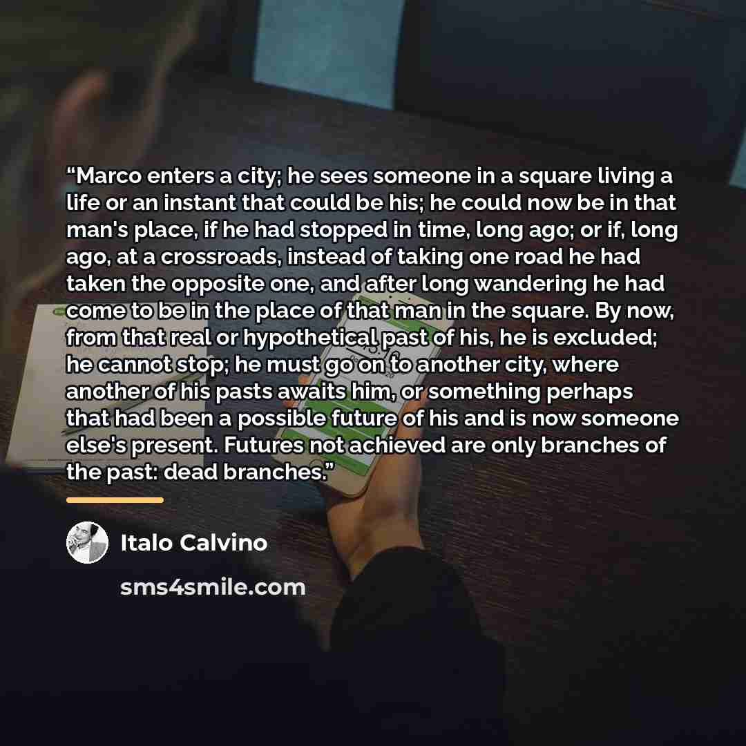 “Marco enters a city; he sees someone in a square living a life or an instant that could be his; he could now be in that man's place, if he had stopped in time, long ago; or if, long ago, at a crossroads, instead of taking one road he had taken the opposite one, and after long wandering he had come…” quote by Italo Calvino