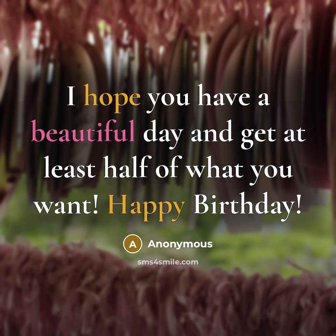 “I hope you have a beautiful day and get at least half of what you want! Happy Birthday!” quote by Anonymous