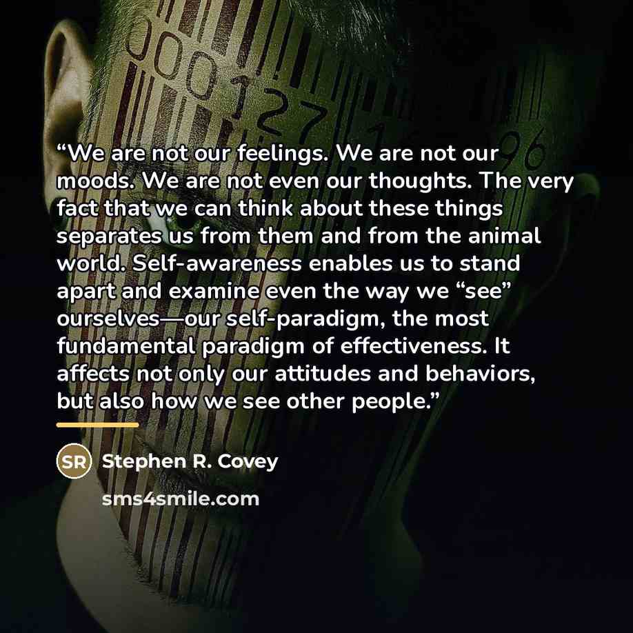 “We are not our feelings. We are not our moods. We are not even our thoughts. The very fact that we can think about these things separates us from them and from the animal world. Self-awareness enables us to stand apart and examine even the way we “see” ourselves—our self-paradigm, the most…” quote by Stephen R. Covey