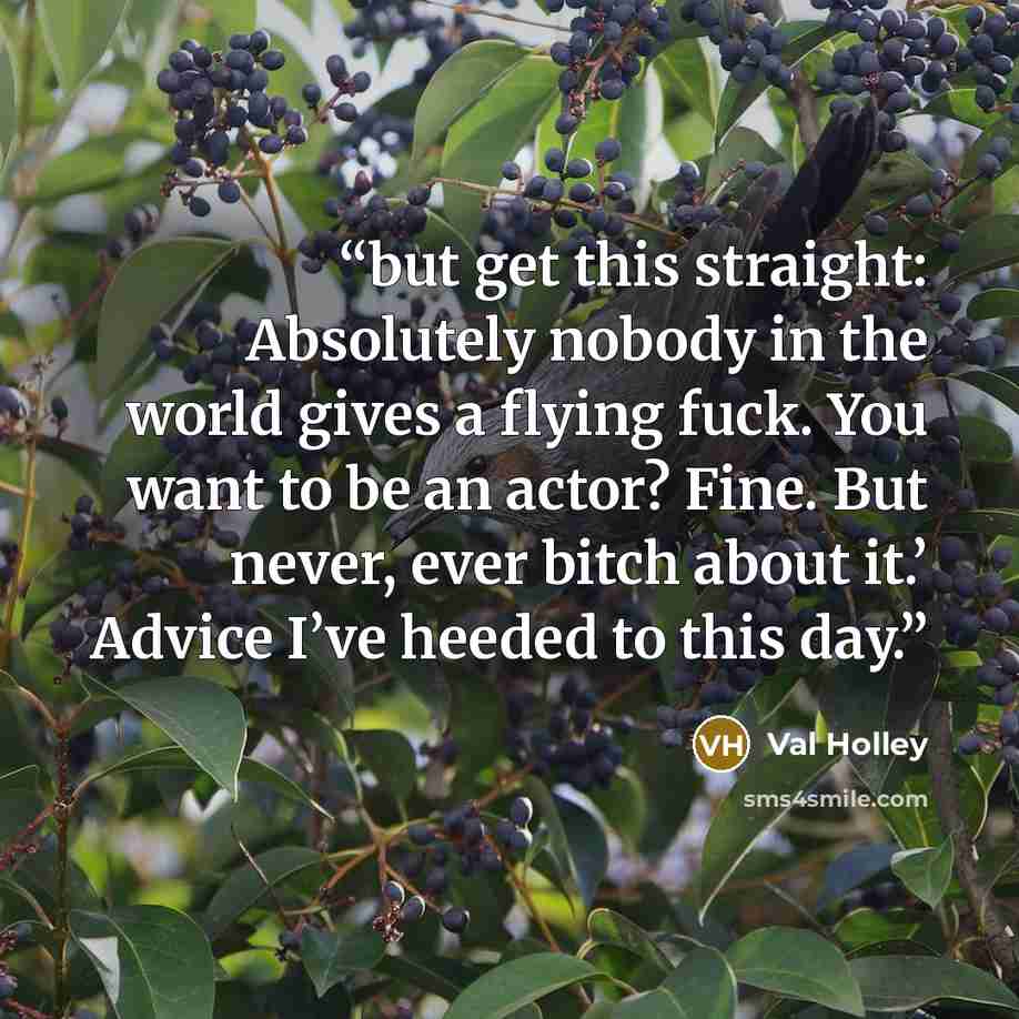 “but get this straight: Absolutely nobody in the world gives a flying fuck. You want to be an actor? Fine. But never, ever bitch about it.’ Advice I’ve heeded to this day.” quote by Val Holley