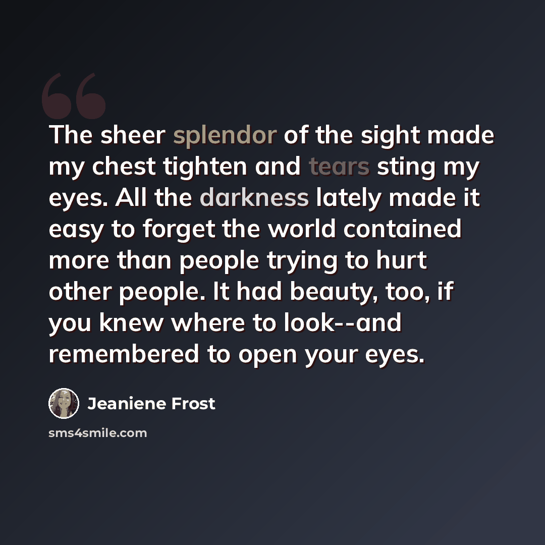 “The sheer splendor of the sight made my chest tighten and tears sting my eyes. All the darkness lately made it easy to forget the world contained more than people trying to hurt other people. It had beauty, too, if you knew where to look--and remembered to open your eyes.” quote by Jeaniene Frost