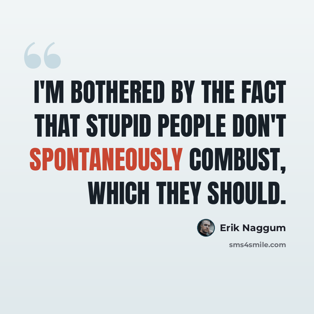 “I'm bothered by the fact that stupid people don't spontaneously combust, which they should.” quote by Erik Naggum