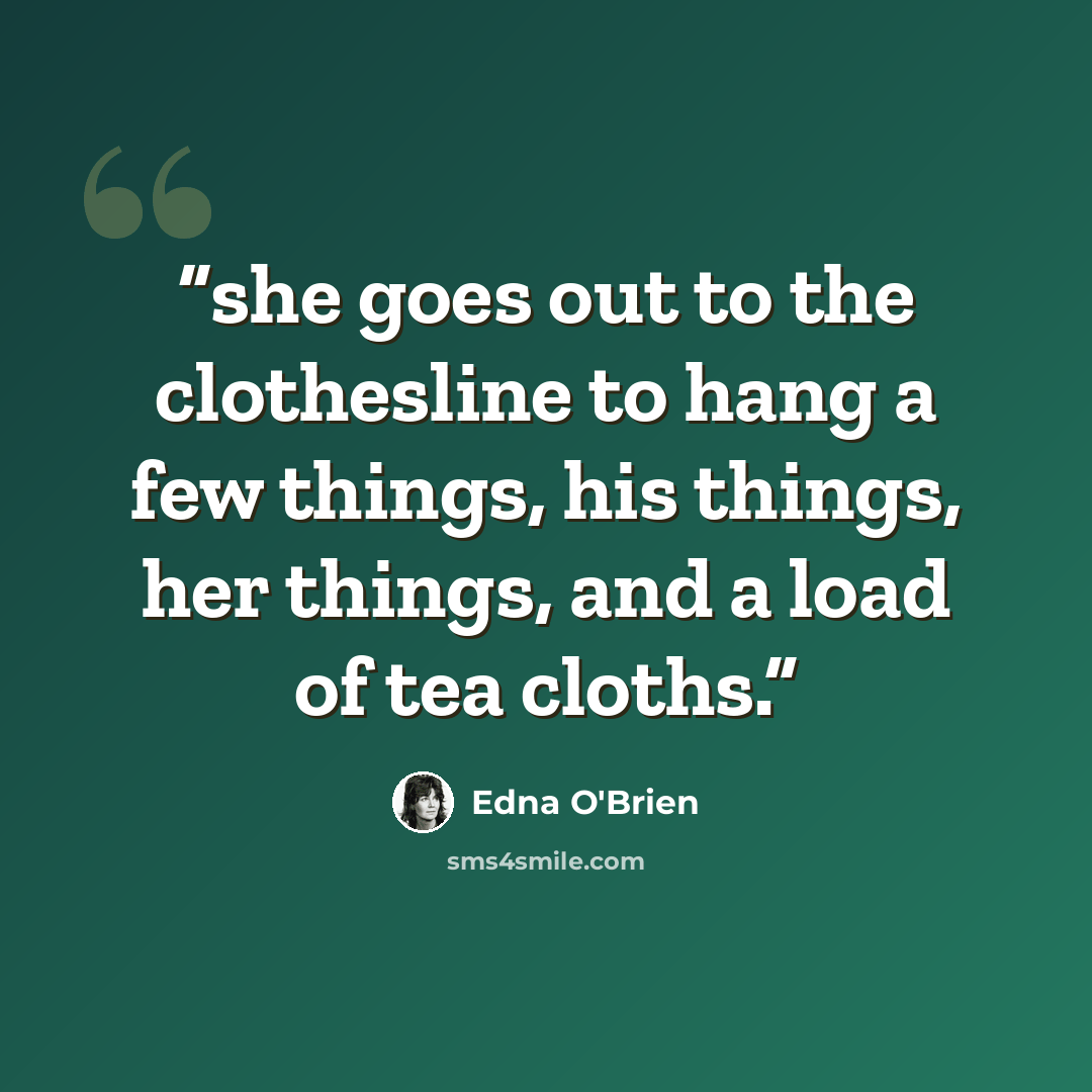 “she goes out to the clothesline to hang a few things, his things, her things, and a load of tea cloths.” quote by Edna O'Brien