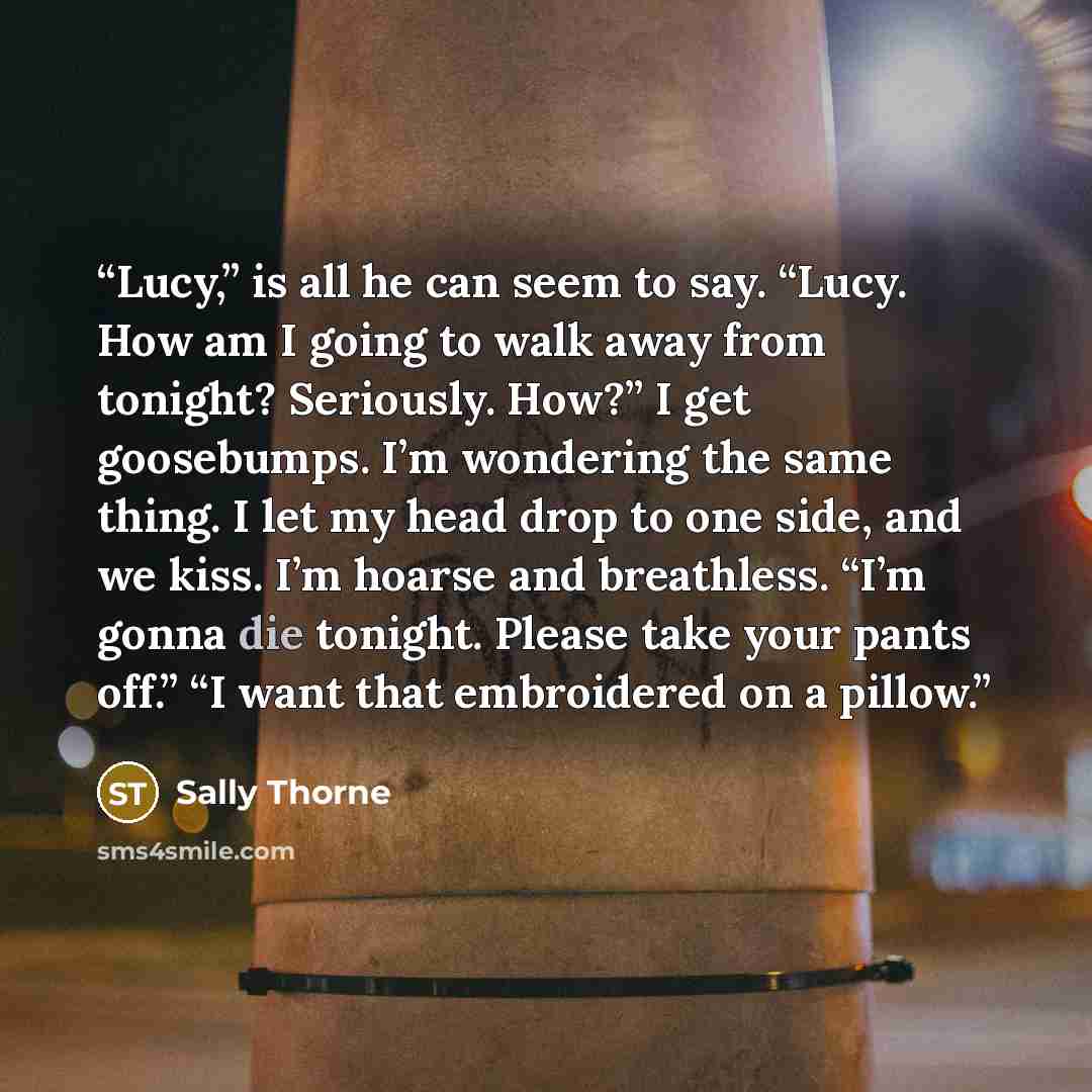 “Lucy,” is all he can seem to say. “Lucy. How am I going to walk away from tonight? Seriously. How?” I get goosebumps. I’m wondering the same thing. I let my head drop to one side, and we kiss. I’m hoarse and breathless. “I’m gonna die tonight. Please take your pants off.” “I want that embroidered…” quote by Sally Thorne
