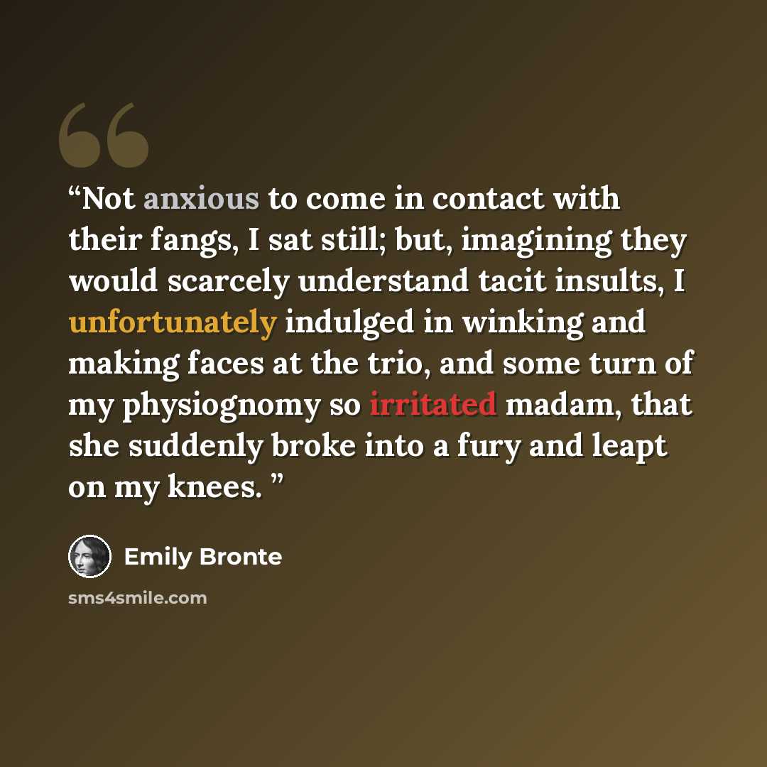 “Not anxious to come in contact with their fangs, I sat still; but, imagining they would scarcely understand tacit insults, I unfortunately indulged in winking and making faces at the trio, and some turn of my physiognomy so irritated madam, that she suddenly broke into a fury and leapt on my knees.” quote by Emily Brontë