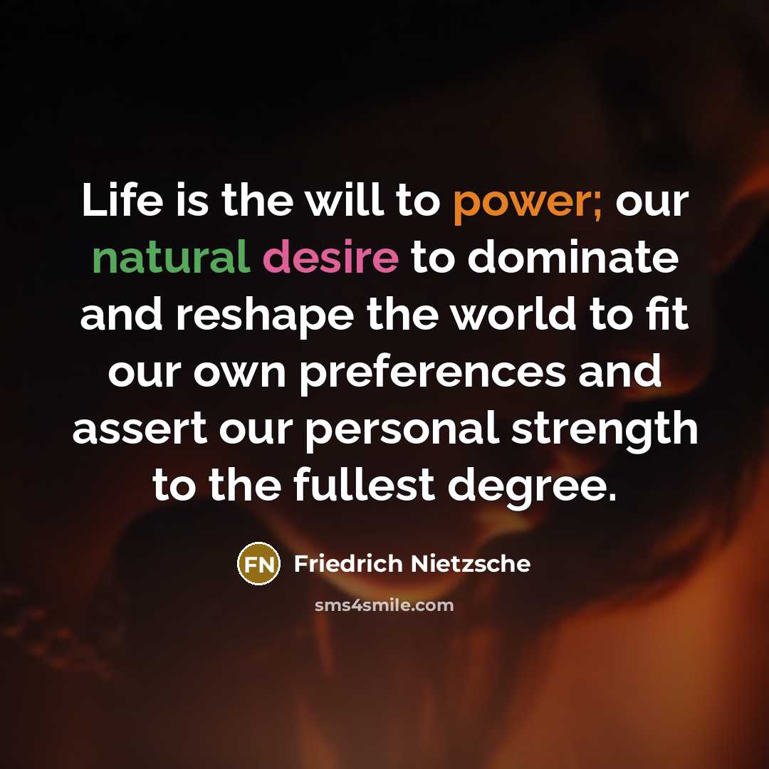 “Life is the will to power; our natural desire to dominate and reshape the world to fit our own preferences and assert our personal strength to the fullest degree.” quote by Friedrich Nietzsche
