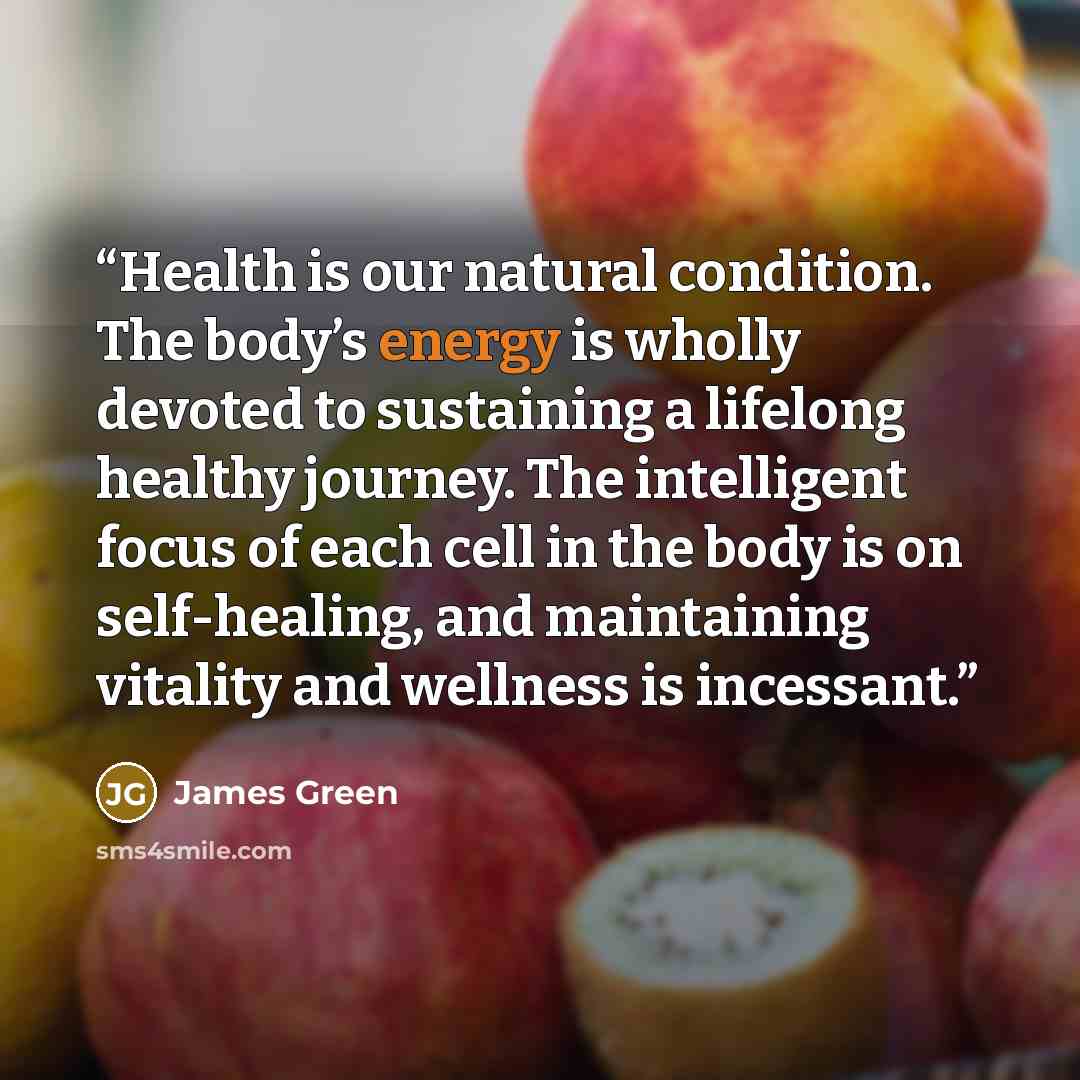 “Health is our natural condition. The body’s energy is wholly devoted to sustaining a lifelong healthy journey. The intelligent focus of each cell in the body is on self-healing, and maintaining vitality and wellness is incessant.” quote by James Green