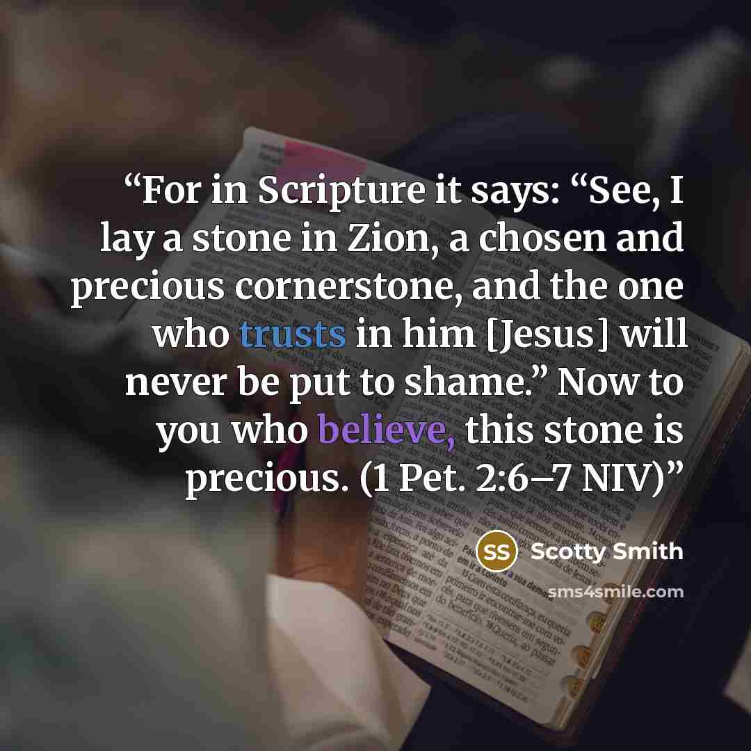 “For in Scripture it says: “See, I lay a stone in Zion, a chosen and precious cornerstone, and the one who trusts in him [Jesus] will never be put to shame.” Now to you who believe, this stone is precious. (1 Pet. 2:6–7 NIV)” quote by Scotty Smith
