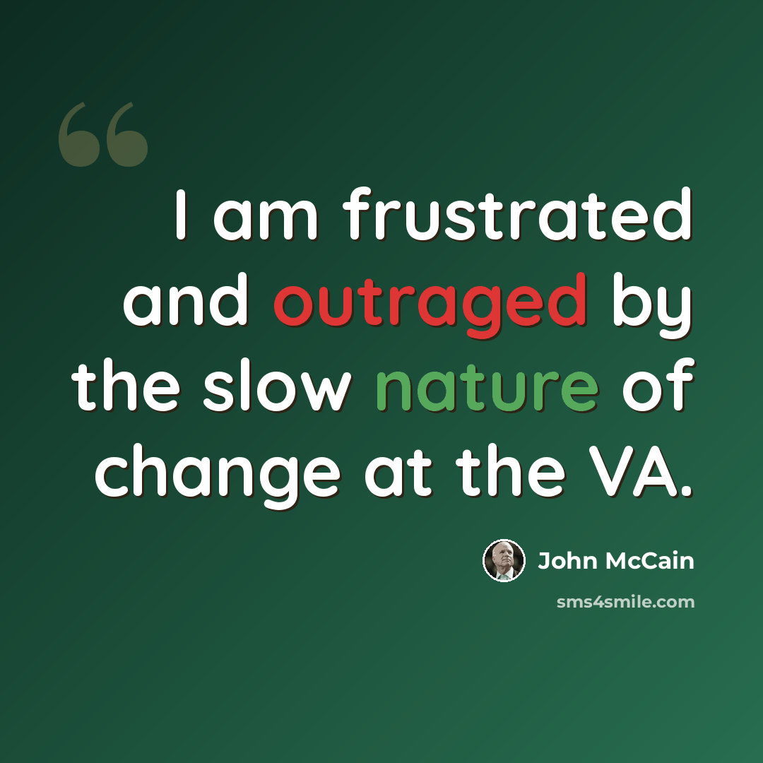“I am frustrated and outraged by the slow nature of change at the VA.” quote by John McCain