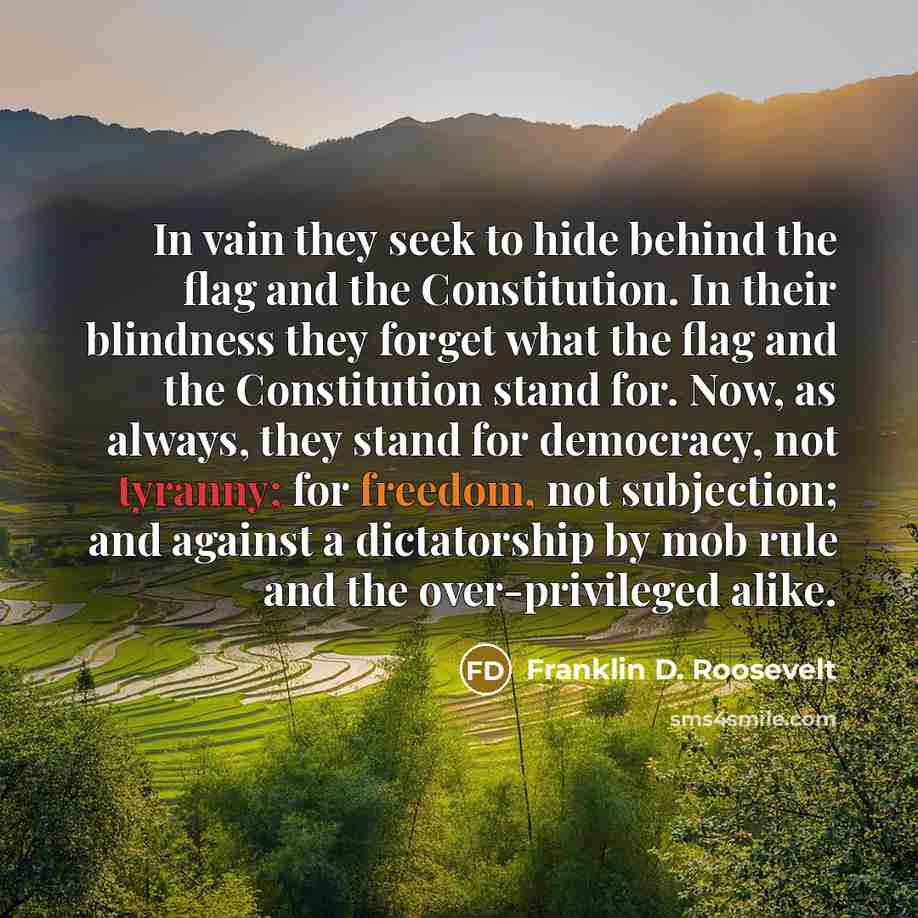“In vain they seek to hide behind the flag and the Constitution. In their blindness they forget what the flag and the Constitution stand for. Now, as always, they stand for democracy, not tyranny; for freedom, not subjection; and against a dictatorship by mob rule and the over-privileged alike.” quote by Franklin D. Roosevelt