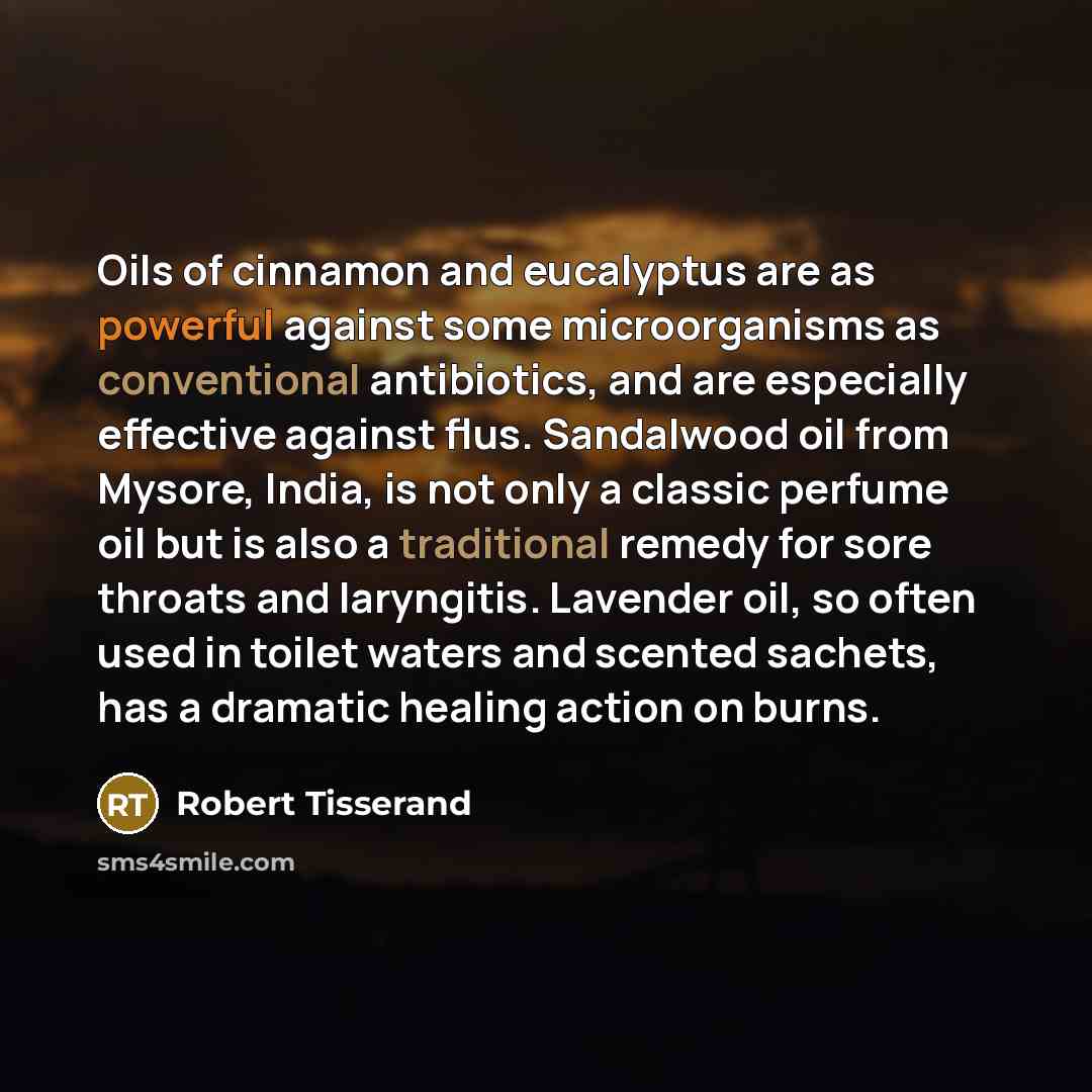 “Oils of cinnamon and eucalyptus are as powerful against some microorganisms as conventional antibiotics, and are especially effective against flus. Sandalwood oil from Mysore, India, is not only a classic perfume oil but is also a traditional remedy for sore throats and laryngitis. Lavender oil…” quote by Robert Tisserand