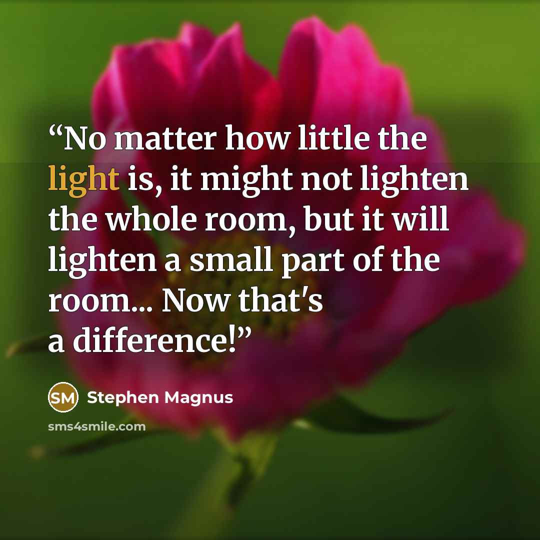 “No matter how little the light is, it might not lighten the whole room, but it will lighten a small part of the room... Now that's a difference!” quote by Stephen Magnus