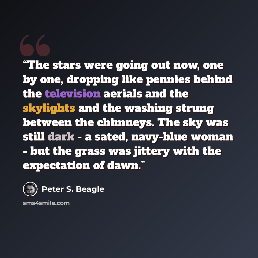“The stars were going out now, one by one, dropping like pennies behind the television aerials and the skylights and the washing strung between the chimneys. The sky was still dark - a sated, navy-blue woman - but the grass was jittery with the expectation of dawn.” quote by Peter S. Beagle