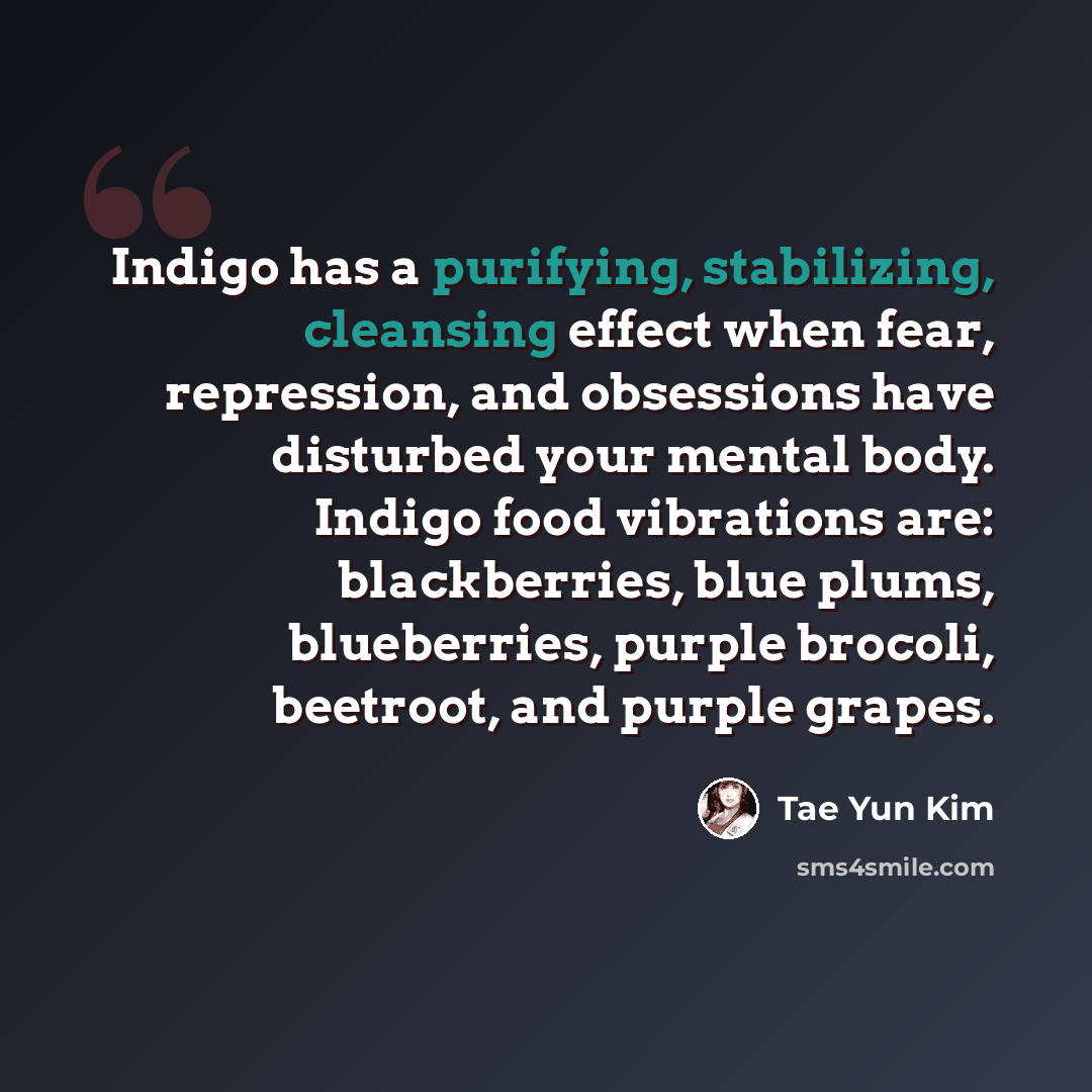 “Indigo has a purifying, stabilizing, cleansing effect when fear, repression, and obsessions have disturbed your mental body. Indigo food vibrations are: blackberries, blue plums, blueberries, purple brocoli, beetroot, and purple grapes.” quote by Tae Yun Kim