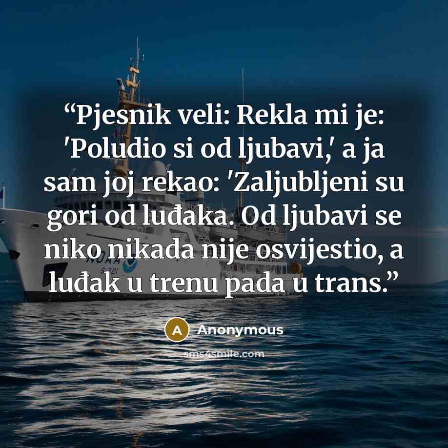“Pjesnik veli: Rekla mi je: 'Poludio si od ljubavi,' a ja sam joj rekao: 'Zaljubljeni su gori od luđaka. Od ljubavi se niko nikada nije osvijestio, a luđak u trenu pada u trans.” quote by Anonymous