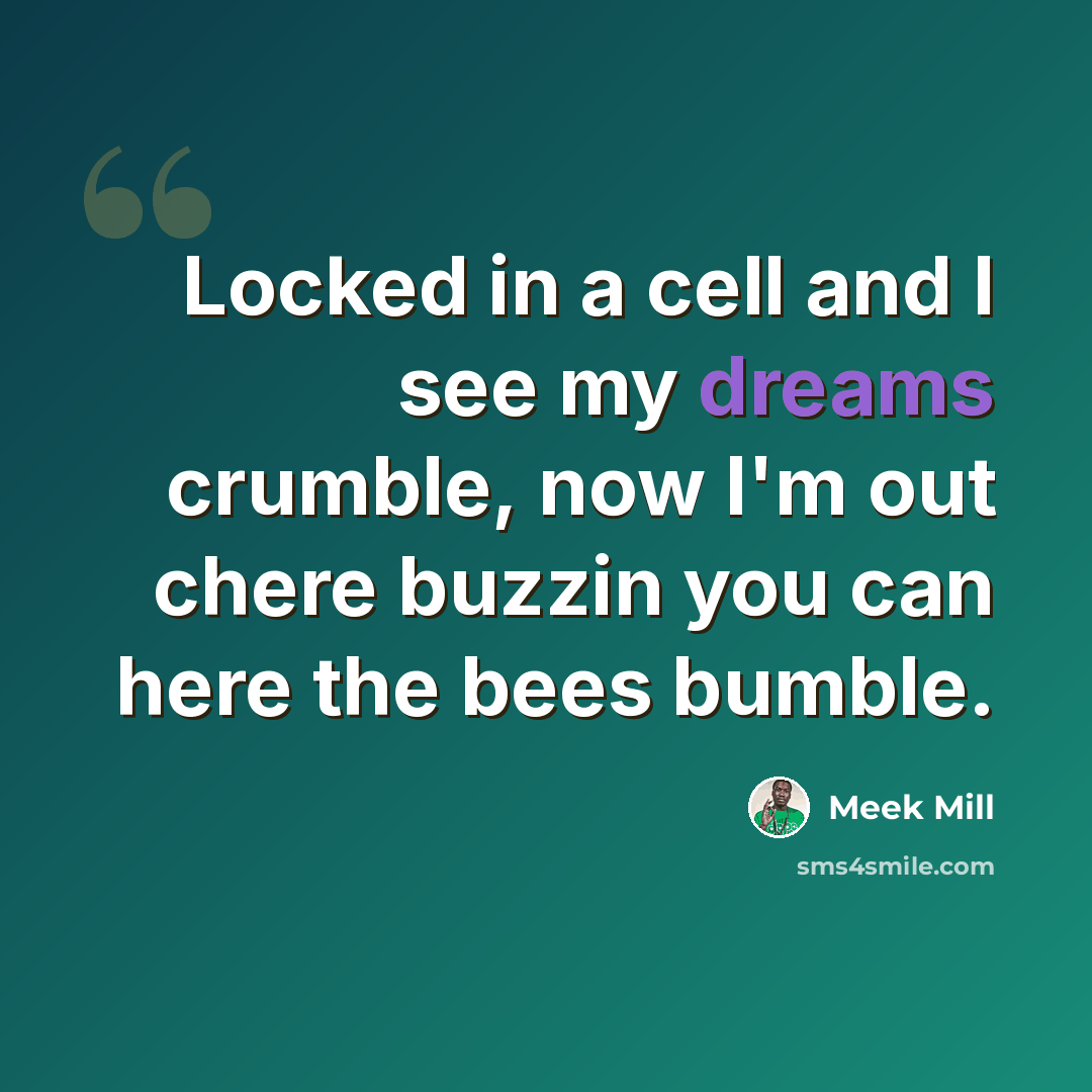 “Locked in a cell and I see my dreams crumble, now I'm out chere buzzin you can here the bees bumble.” quote by Meek Mill