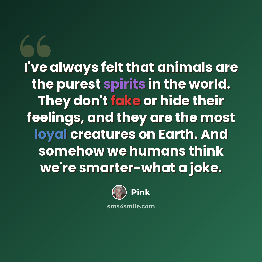 “I've always felt that animals are the purest spirits in the world. They don't fake or hide their feelings, and they are the most loyal creatures on Earth. And somehow we humans think we're smarter-what a joke.” quote by Pink