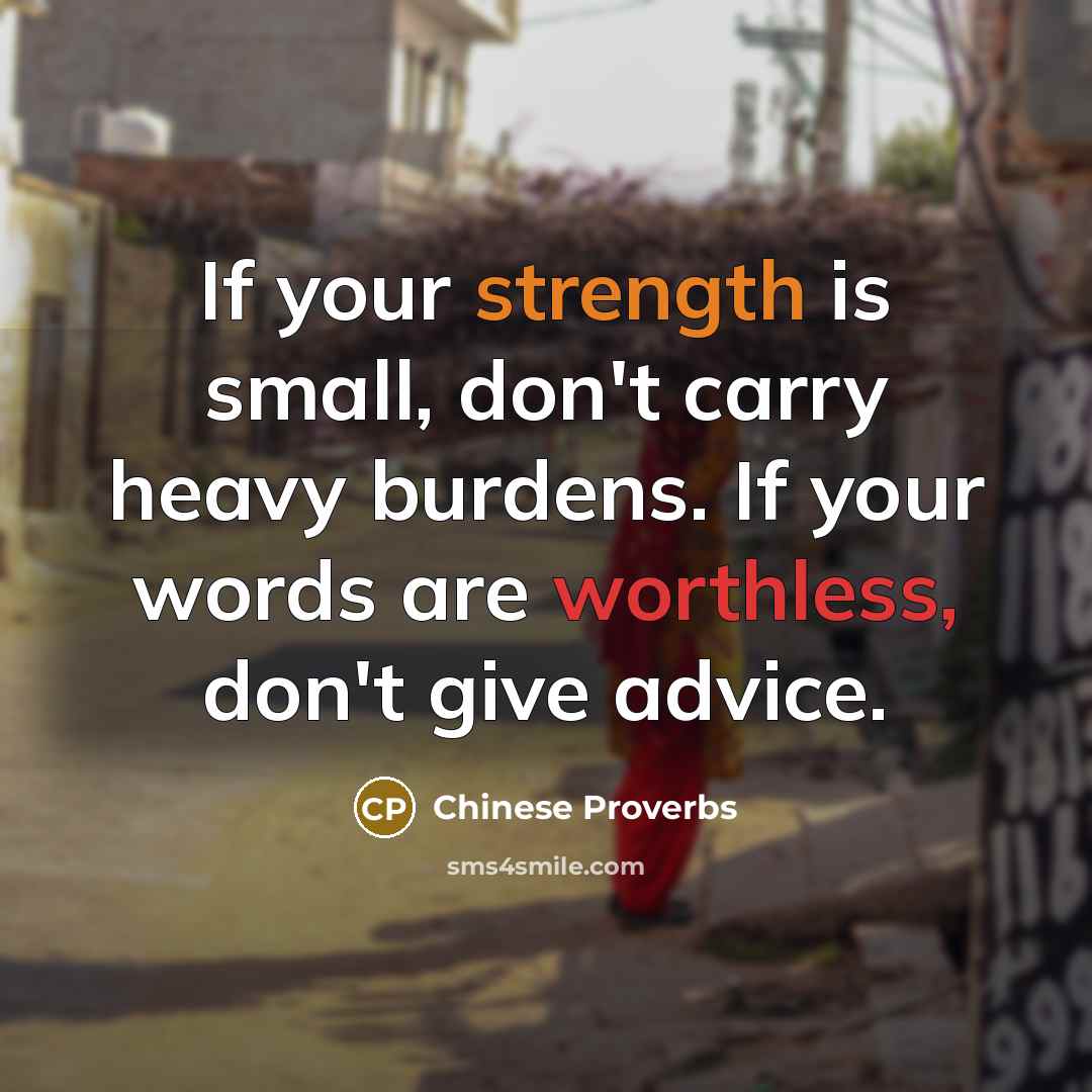 “If your strength is small, don't carry heavy burdens. If your words are worthless, don't give advice.” quote by Chinese Proverbs