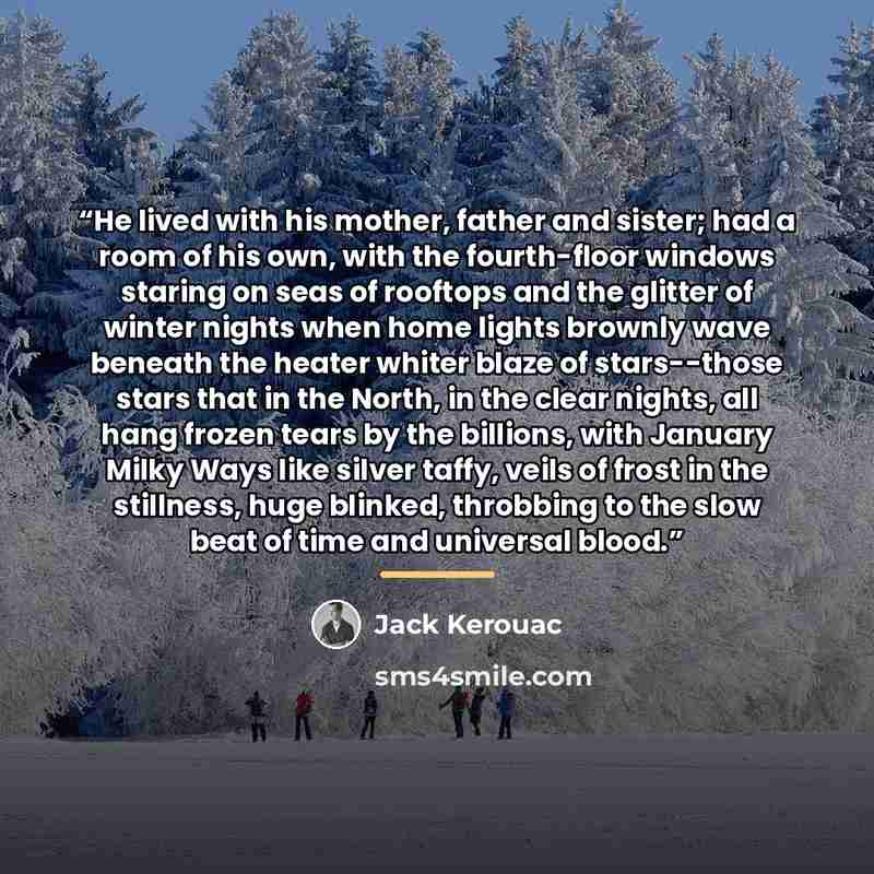 “He lived with his mother, father and sister; had a room of his own, with the fourth-floor windows staring on seas of rooftops and the glitter of winter nights when home lights brownly wave beneath the heater whiter blaze of stars--those stars that in the North, in the clear nights, all hang frozen…” quote by Jack Kerouac